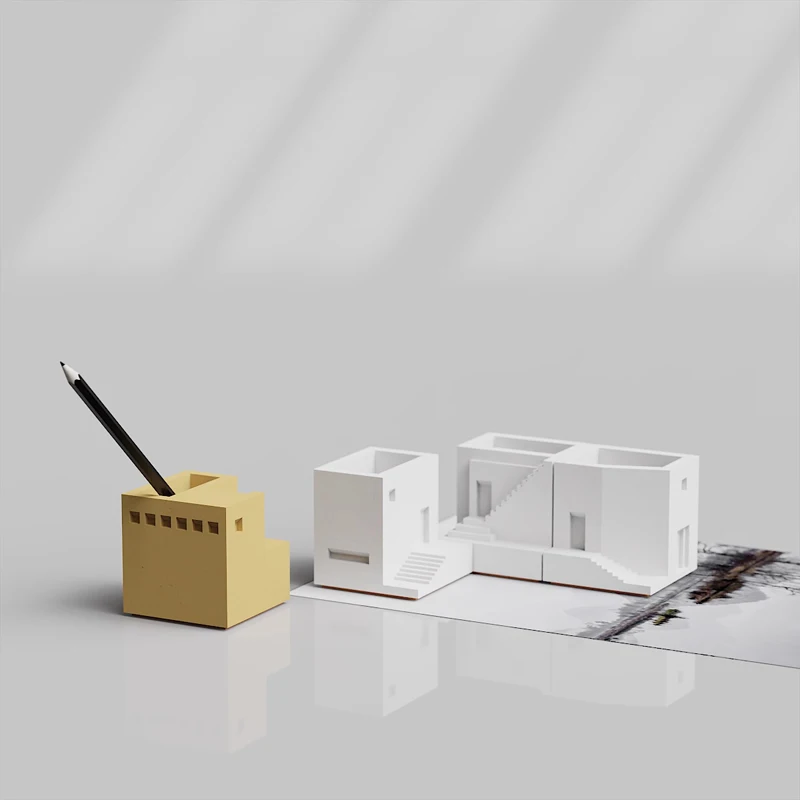 Creative cement building model moss micro landscape ornaments, modern simple home decoration house shape pen holder flower pot