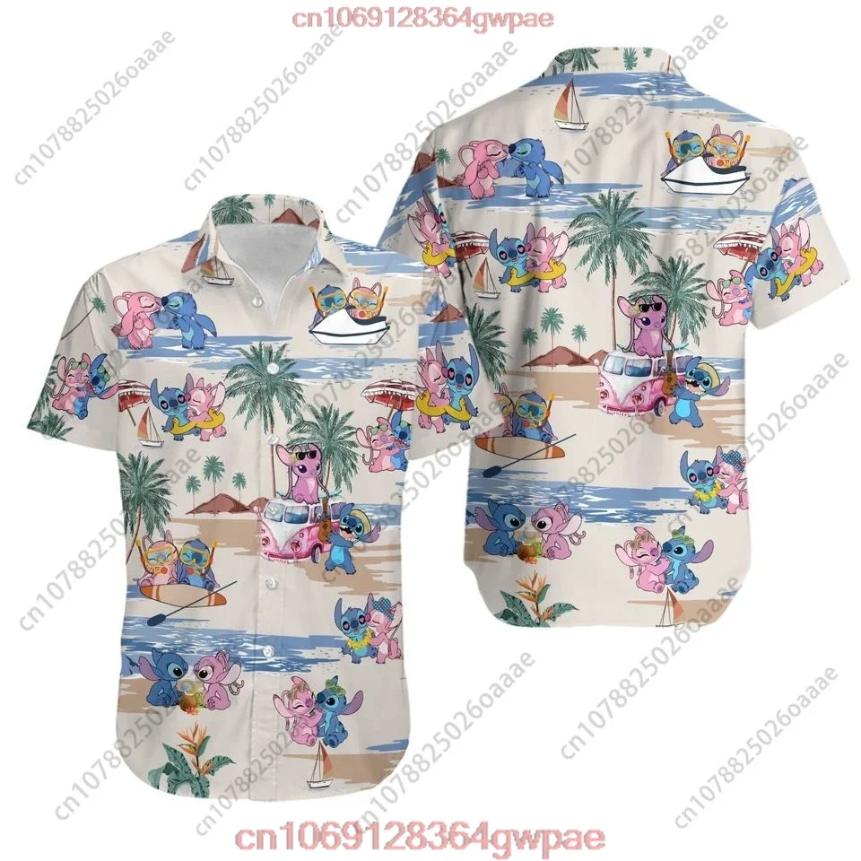 

Гавайская рубашка Disney Stitch and Angel, мужские и женские повседневные рубашки на пуговицах с короткими рукавами, пляжные рубашки Disney, гавайские рубашки Stitch