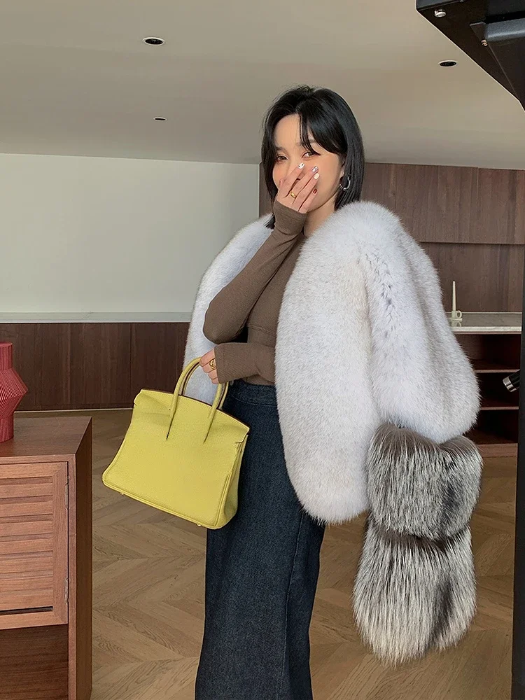 Tajiyane 2023 Winter Real Fox Fur Coat Women Short Black Fur Coats Korean Fashion Vneck Fox Fur Jackets for Womens Abrigo Mujer