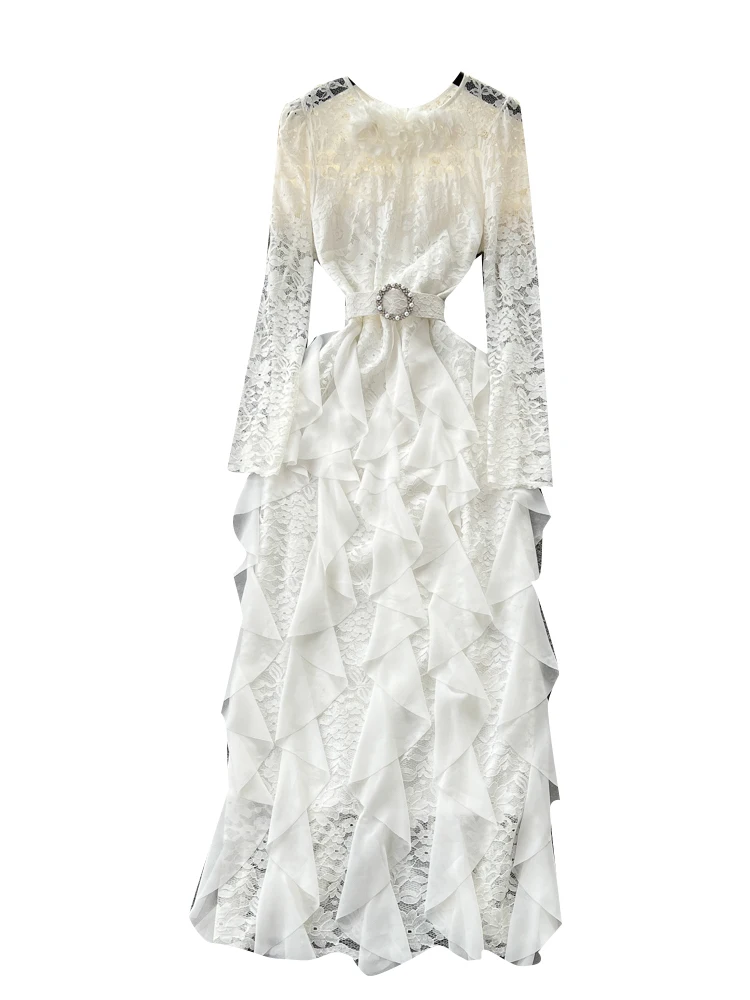 เดรสยาวลายดอกไม้พิมพ์ลายหรูหราสำหรับผู้หญิง ทรงเอไลน์ชายระบาย ผ้าโพลีเอสเตอร์ เอวสูง เหมาะสำหรับฤดูร้อน