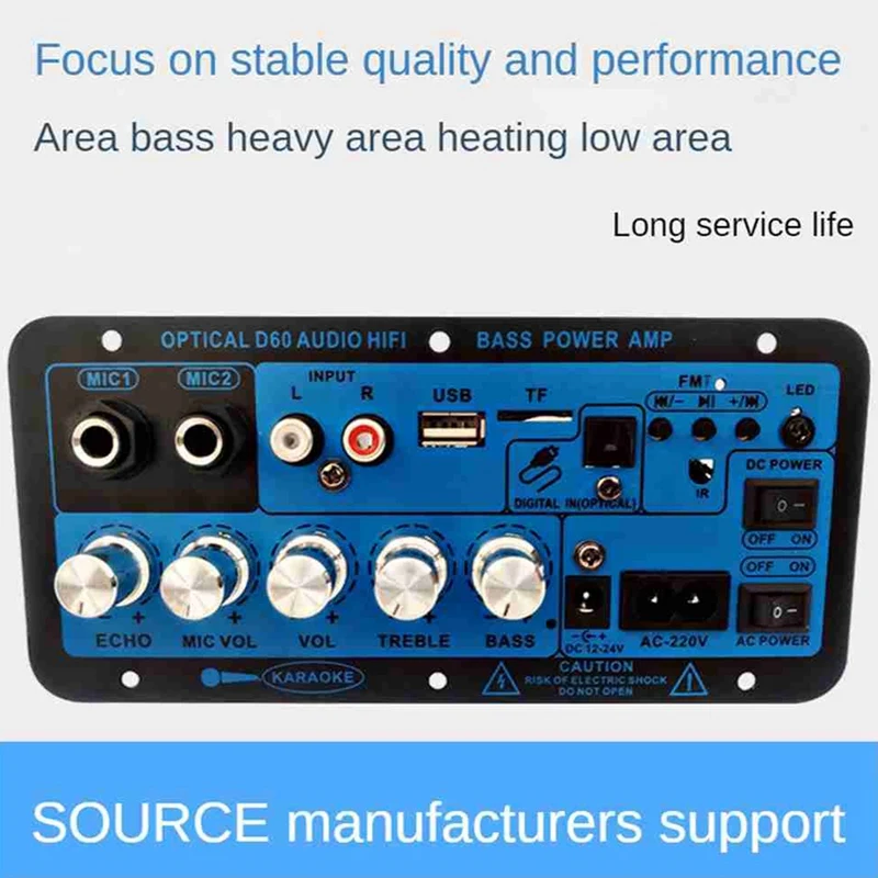 Bluetooth Amplifier Board BT5.0 High Power Bass Amplifier Optical Audio Input Karaoke Audio Motherboard Easy Install (EU Plug)