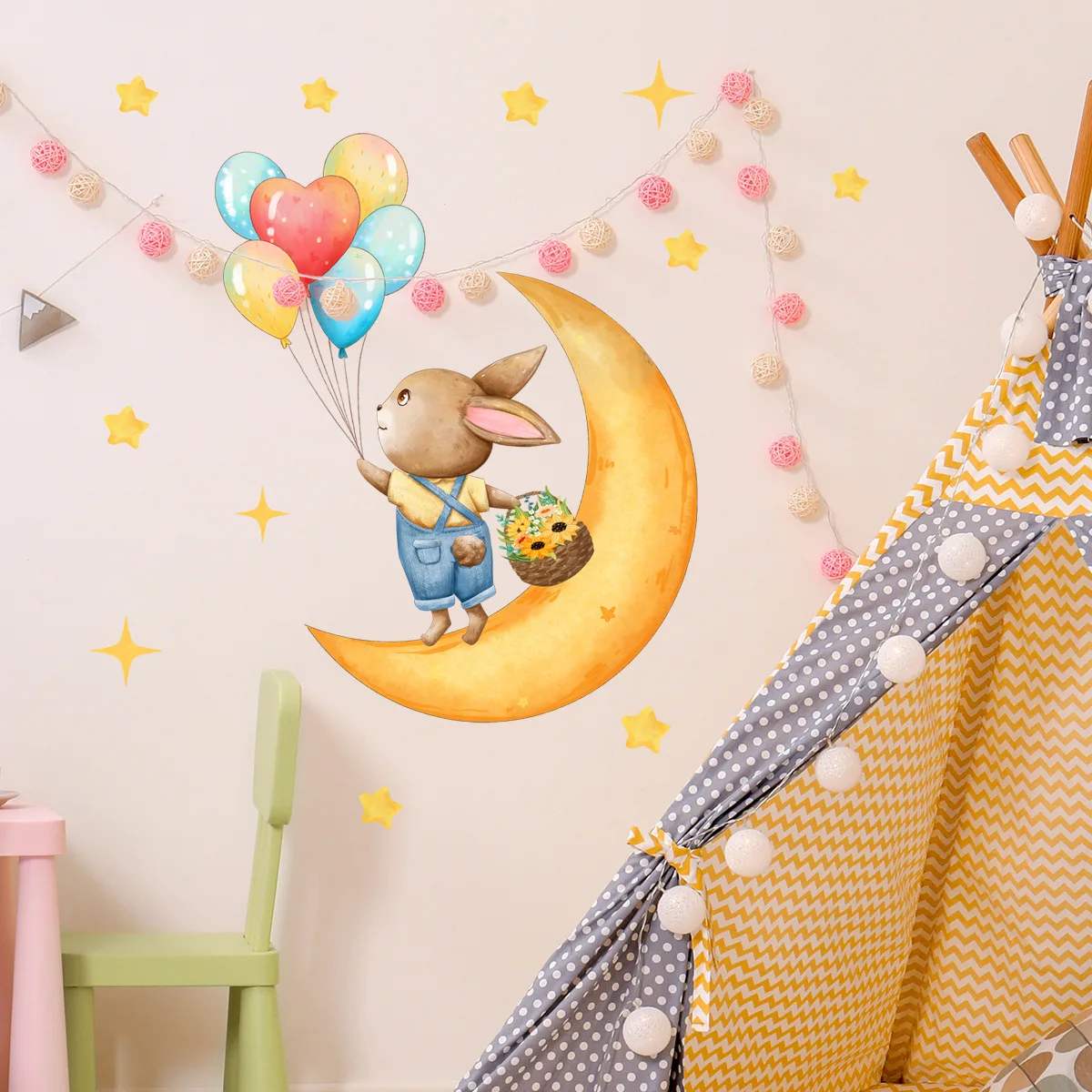 30*60cm Rabbit Balloon Moon Star Cartoon Wall Sticker Background Wall Living Room Bedroom  Restaurant Decoration Wall Sticker