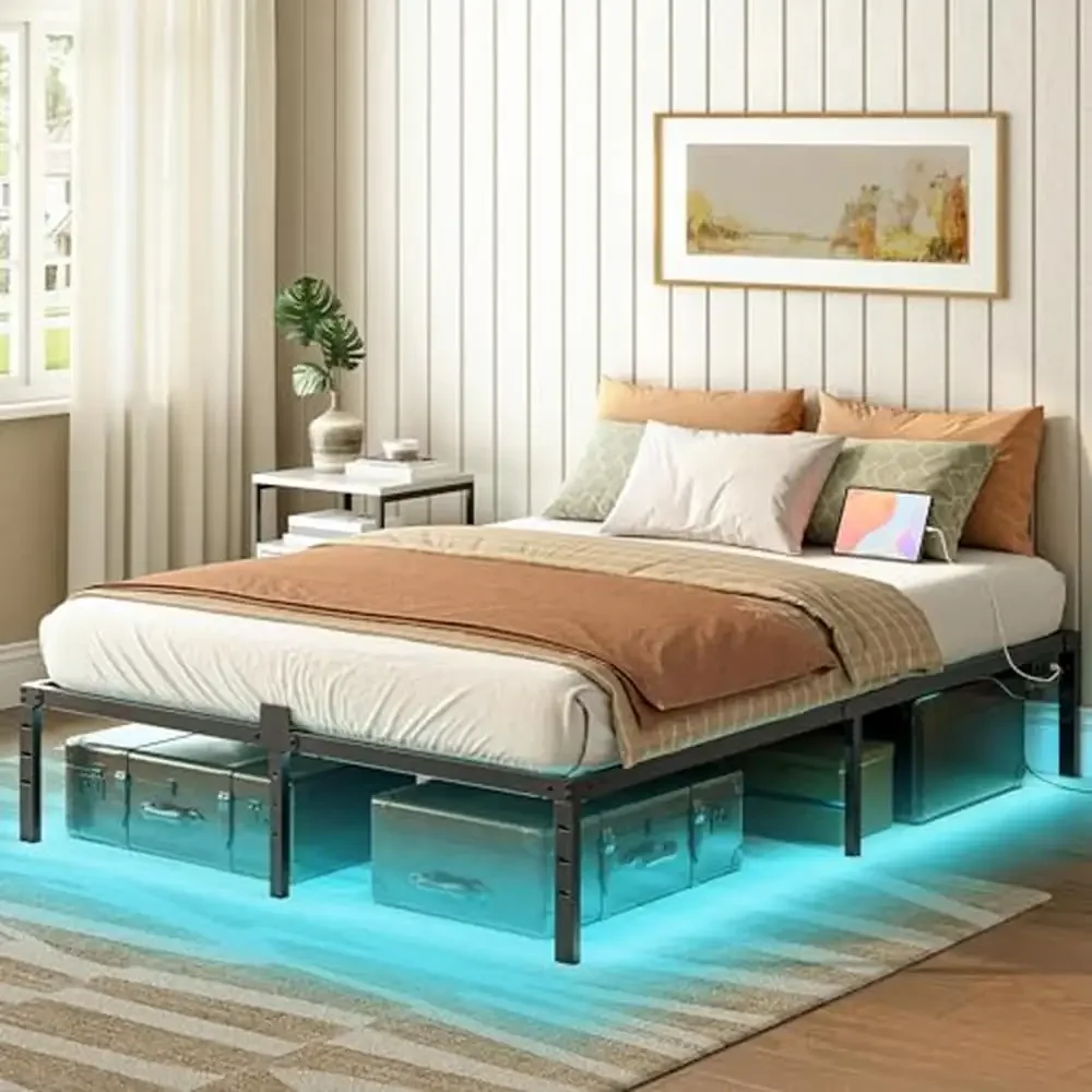 Modern LED Queen Bed Frame Charging Station USB Ports Metal Platform Heavy Duty Queen Size Storage Space Under-Bed Barrier Easy