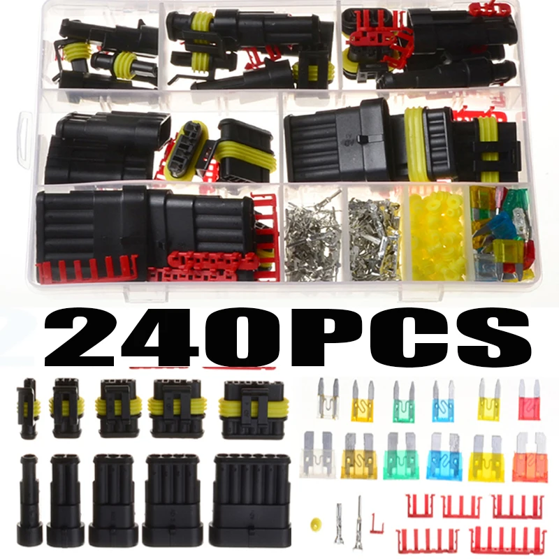 240PCS HID Waterproof Terminals Electrical Wire Connectors + Vehicle Blade Fuses Automotive Mini Fuse Set