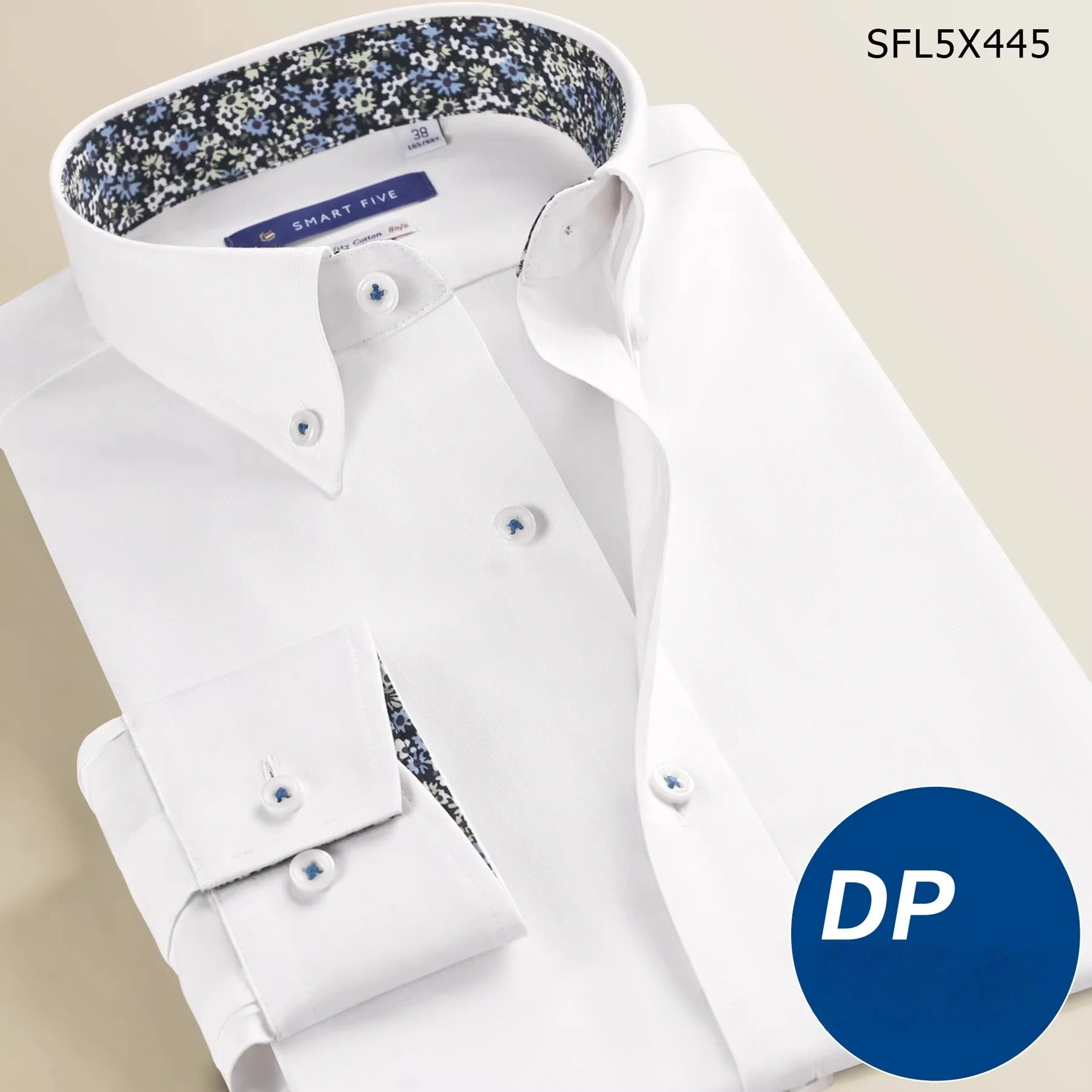 

Men's 100% Cotton Dress Shirt – White Business Formal Long Sleeve, Floral Lined Collar & Cuffs, Slim Fit, DP Finish for Office