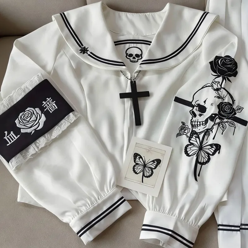 Skull Rose Design Jk Uniform with Cross Long Sleeve Black White Sailor Suit Korean Japanese School Uniform Set Women Long Dress
