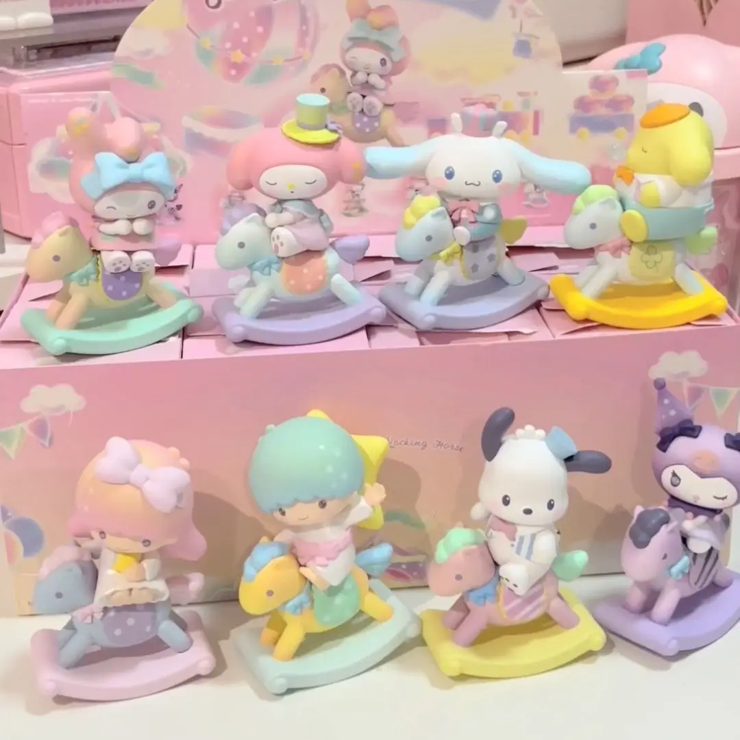 Sanrio caixa cega personagens infância cavalo de balanço estatueta melodia kuromi pochacco cinnamoroll figura de ação presente brinquedos presentes