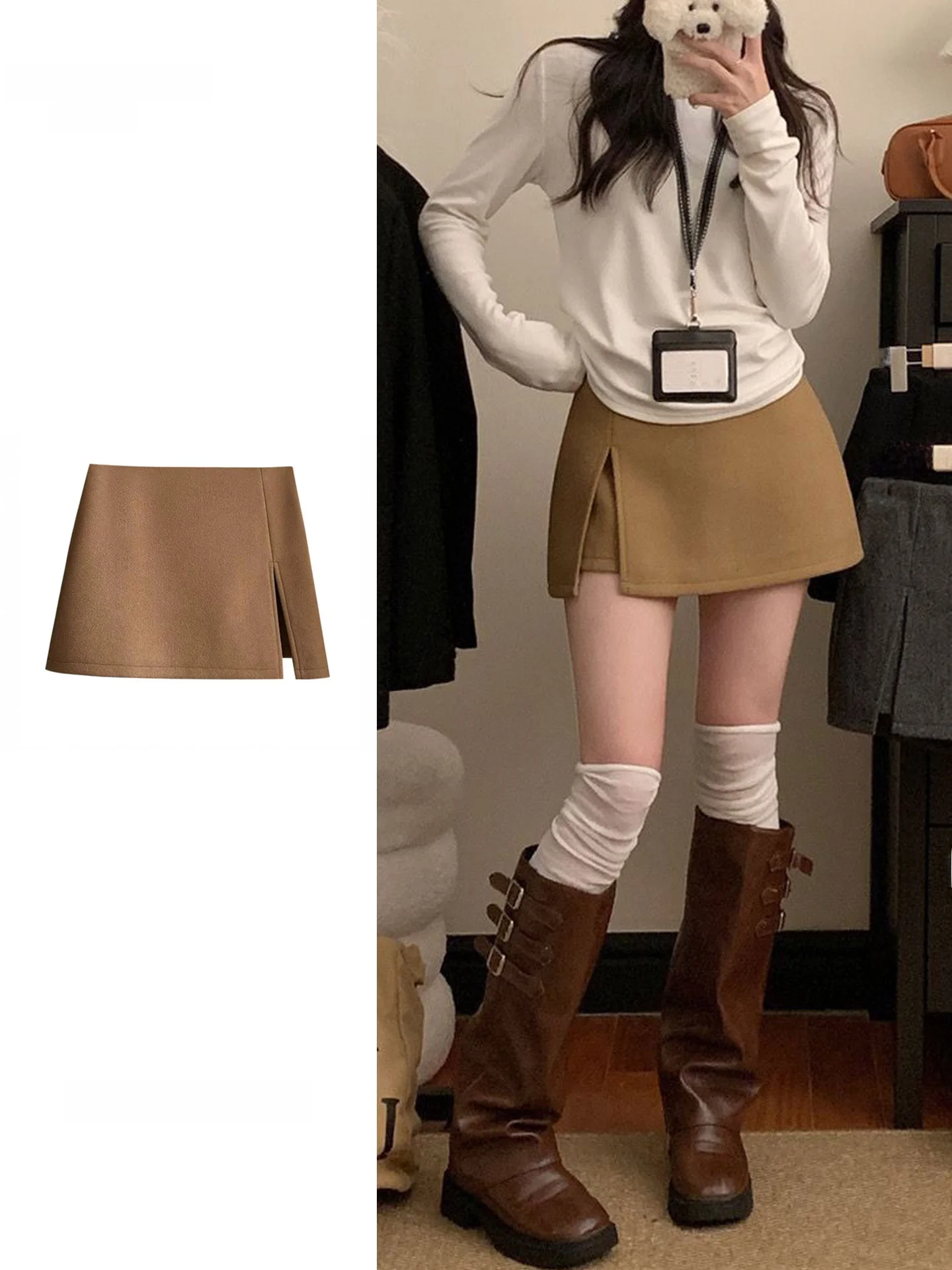 High Waist A-Line  Skirt for Women Pure Color Woolen Split Design Bodycon Short Skirt Anti-Light Commute Korean Style