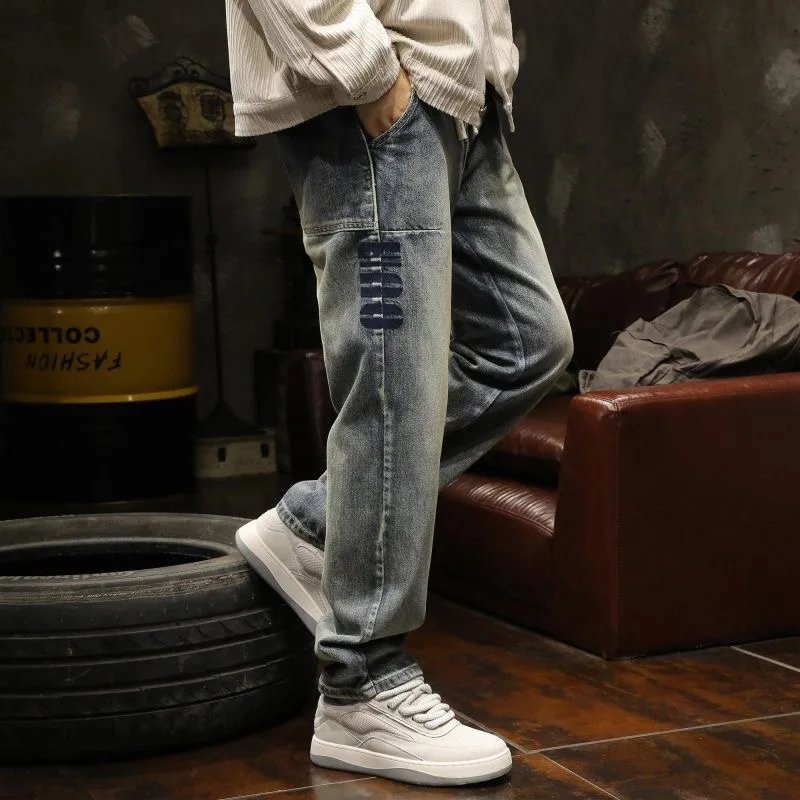 

New Spring/Autumn Fashion Solid Color American Retro Straight Leg Stretch Denim Trousers Men's Casual Loose Fit Sports Jeans