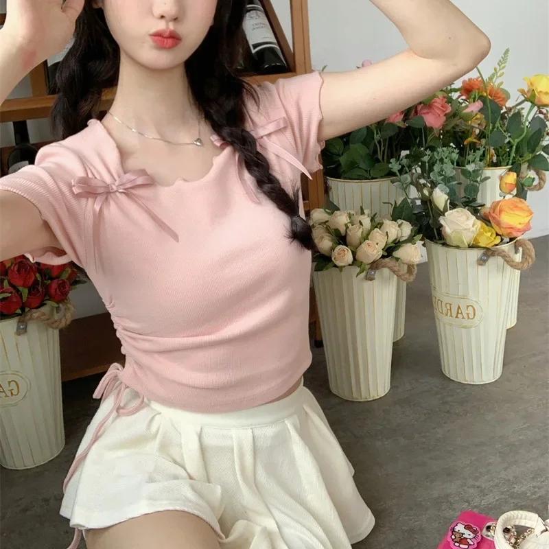 Summer Women Daily Kawaii Tie Up Clothes Lady Sweet Pink Cotton Short Sleeved T-shirt Female Butterfly Knots Square Neck Tops