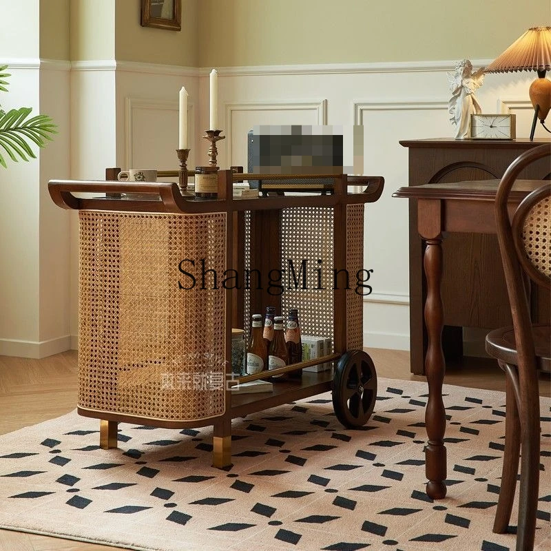 

FG medieval style cart side few living room sofa side movable dining car solid wood double shelf