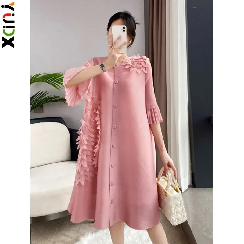 

YUDX Miyake Women Flare Sleeve Bead Pleated Dress Single Breasted O Neck Petal Loose Luxury Wedding Party Clothes Spring Autumn