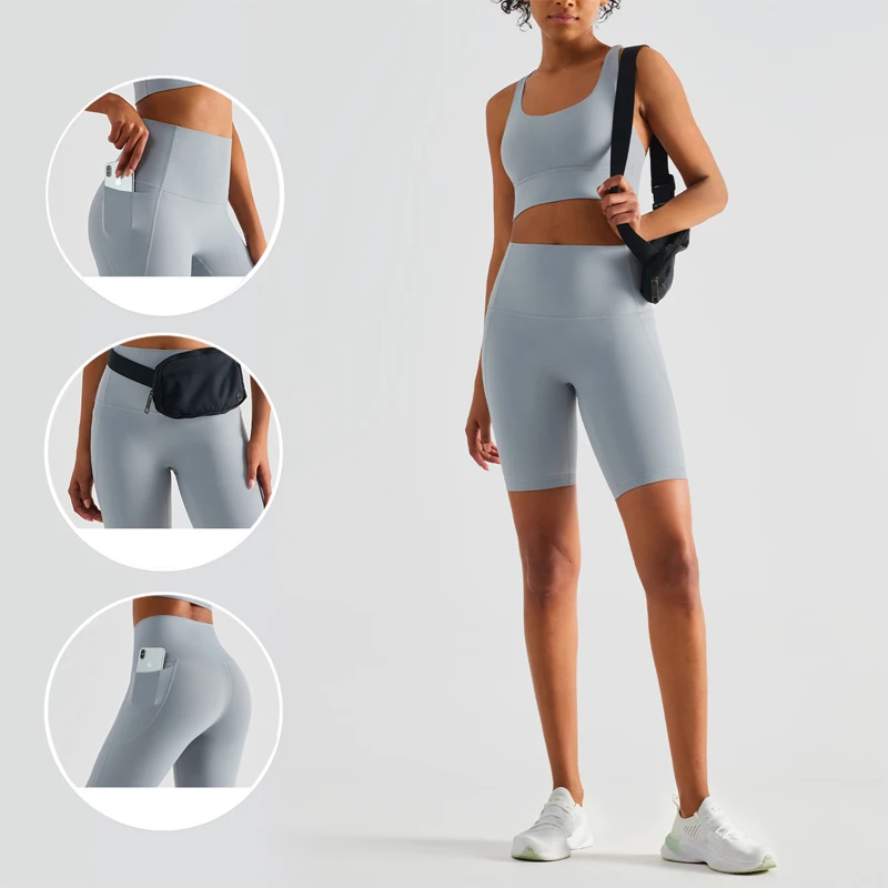 New Women\'s Slimming Super High Waist Fitness Sports Tights with Curved Side Pockets for Hip Lifting Peach Yoga Shorts