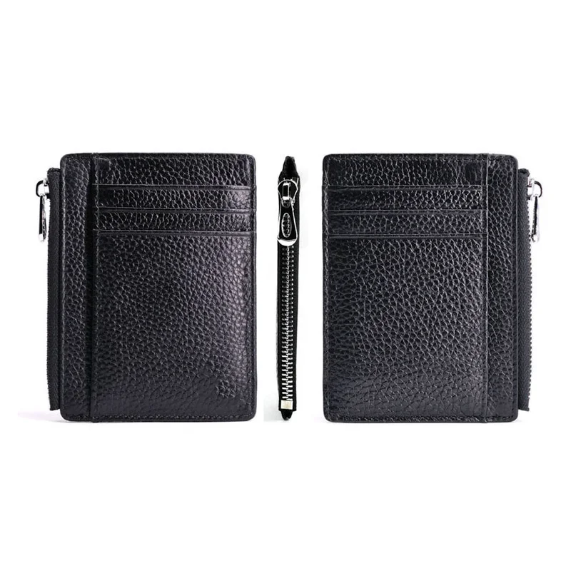Cartera minimalista de cuero genuino para hombre: monedero ultrafino con cremallera y tarjetero (bolsa para dinero pequeña)