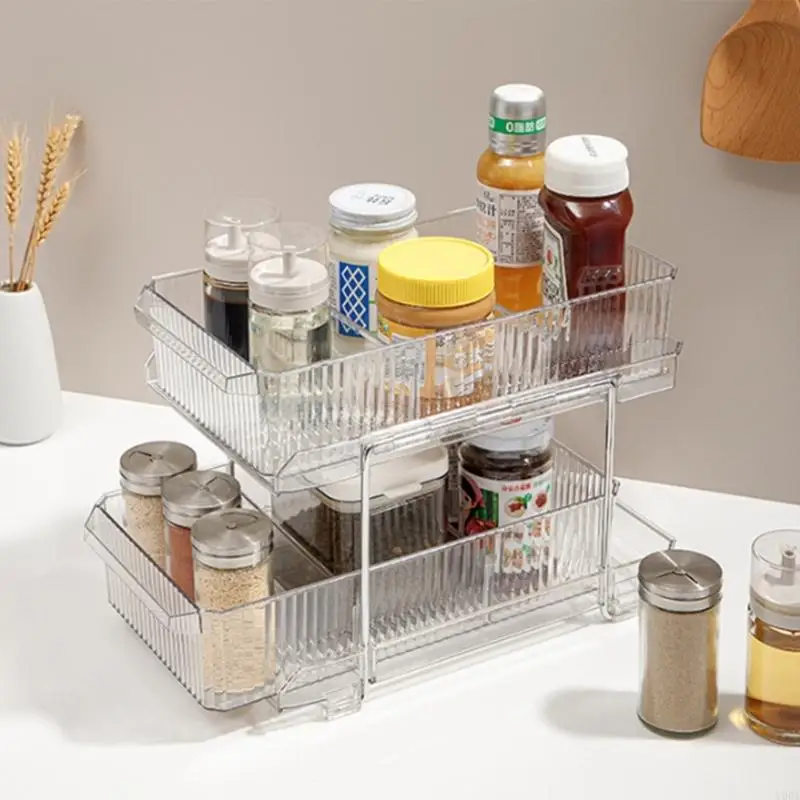 Slide Out Clear Storage Container With Dividers 2 Tiers Kitchen Bathroom Rack