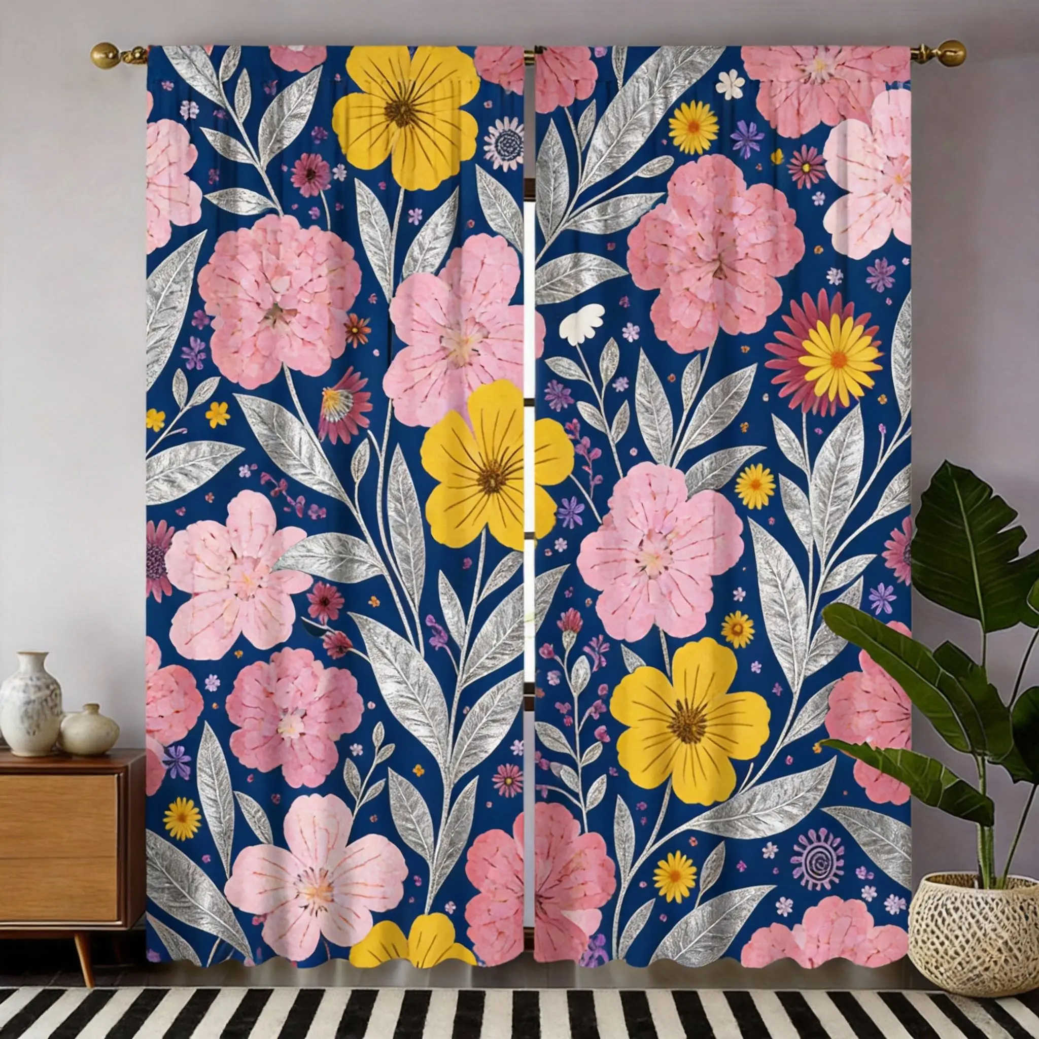 Bold Floral Curtains 2pcs – Pink Background with Red Yellow White Flowers, Retro Boho Decor for Living Room and Bedroom