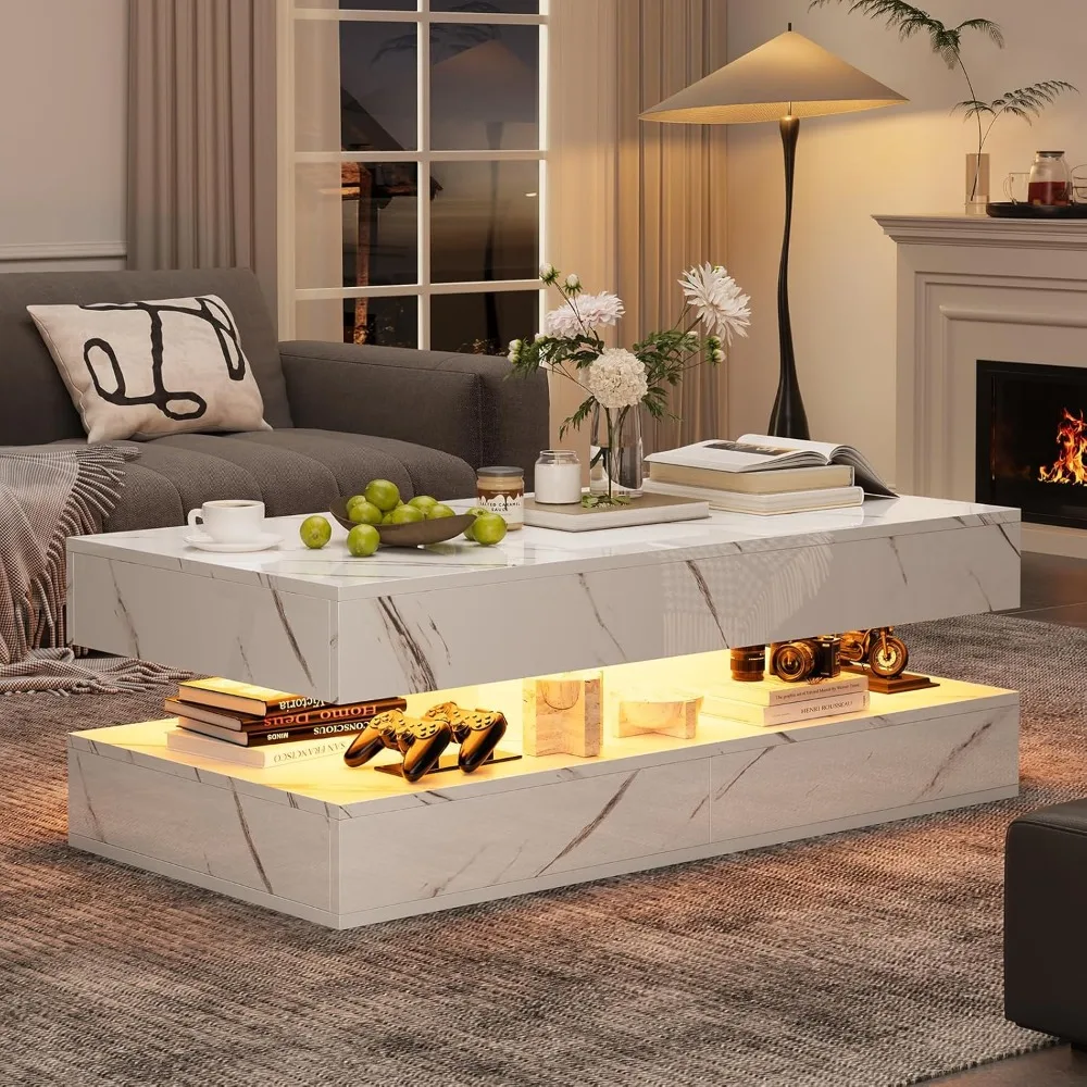 

47" Modern LED Coffee Table with 2 Drawers, High Glossy Double-Layer Center Table with Wireless Charging and Built-in Bluetooth