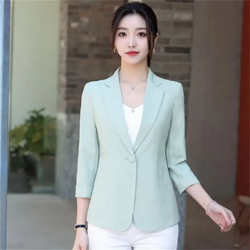 우아한 여성 스트라이프 3/4 슬리브 정장 재킷 2025 봄 여름 얇은 슬림 아웃웨어 싱글 버튼 여성 오피스 블레이저 코트상의
