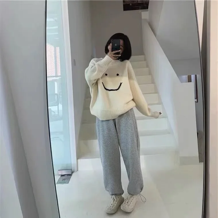 Smiley Knitted Sweater Women Kawaii Harajuku Pullover Autumn Winter Long Sleeve Casual White Jumper Korean Vintage Oversized