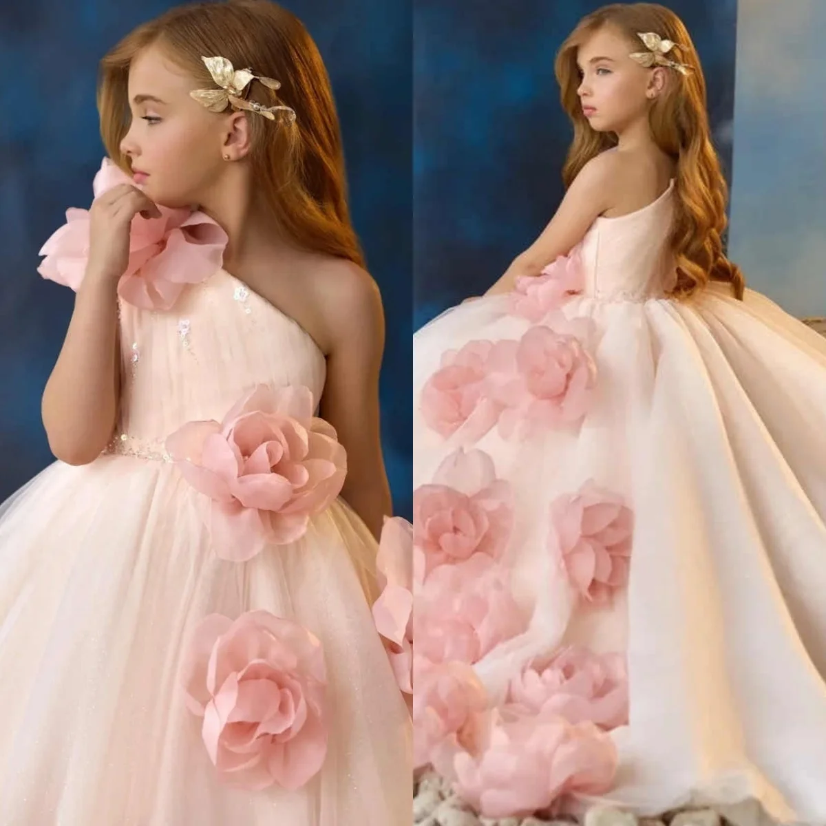 Vestido de noche de tul rosa moderno personalizado, vestido de fiesta Formal sin tirantes con un hombro, tren capilla, flores, vestidos para ocasiones a medida