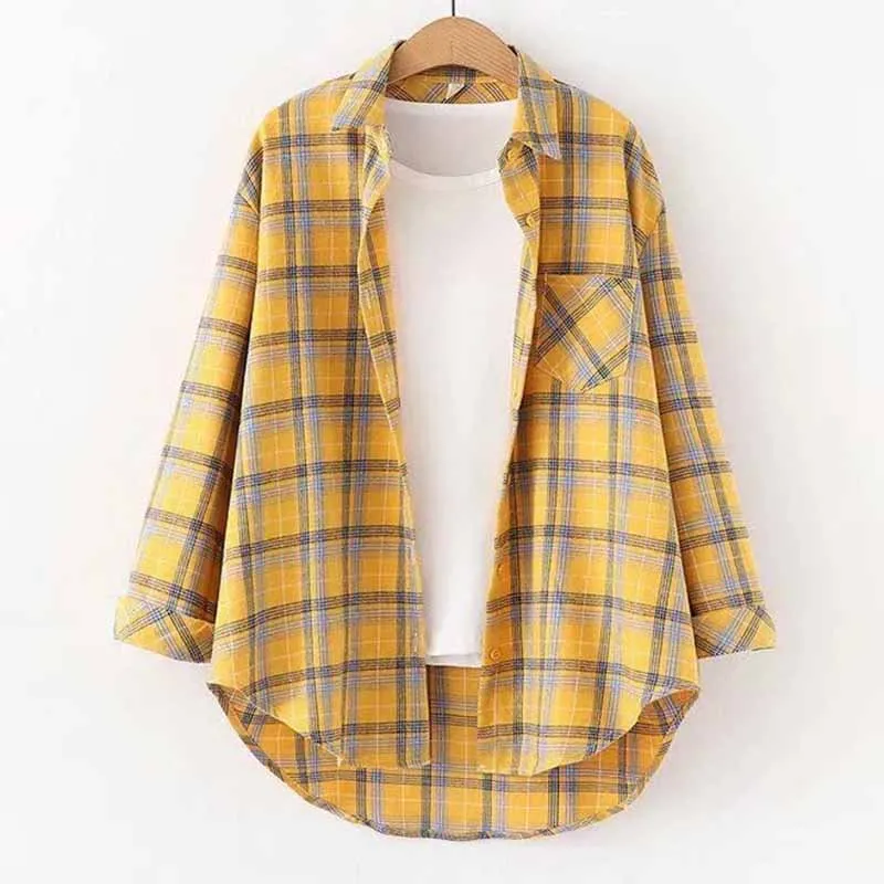 Women New Korean Frosted Plaid Cardigan Blouse Tops Coat Female Vintage Hong Kong Flavor Loose Fit Long Sleeved Shirts Jacket