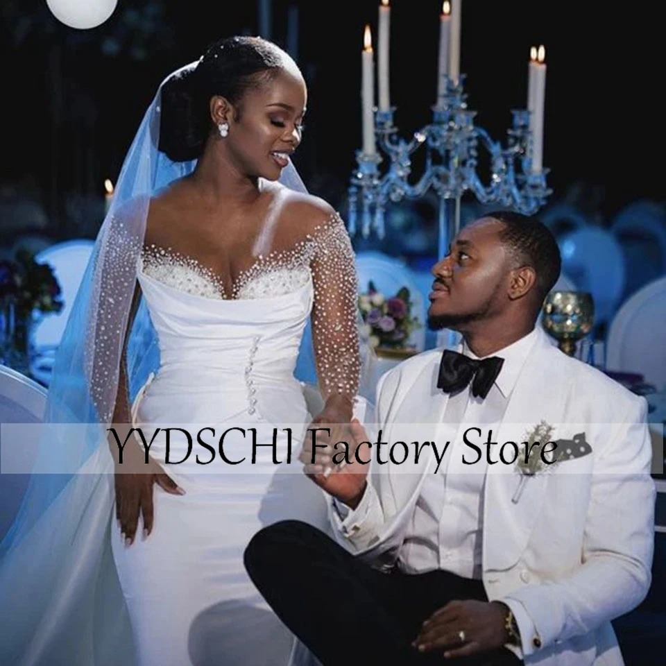 

Customized New Africa Mermaid Sheer Neck Beading Crystal Bridal Gowns Train Elegant Custom Wedding Dress 2025 Bridal Dresses