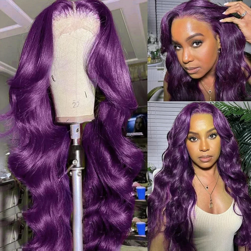 Peruca Sintética de Renda Frontal 32 Polegadas Roxo Escuro com Ondas Corporais 13x4 HD 180 Densidade Pré-Plucked Pronta para Usar