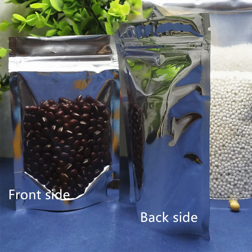 100pcs 12x20cm Resealable Stand Plating Aluminum Foil Self-sealing Bags with One Side Transparent Snacks Grain Storage Packaging