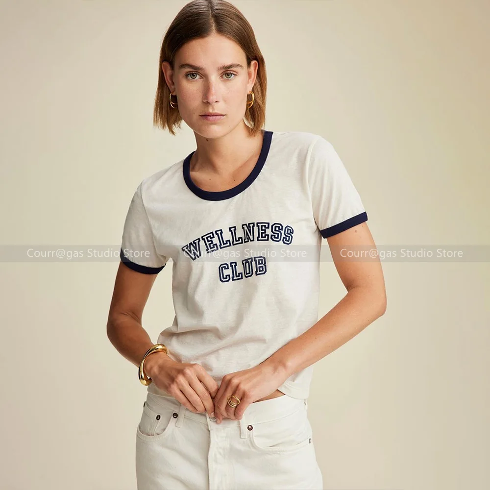 

2024 Summer new Flocking letters hit the colour ribbed T-shirt American retro casual round neck short sleeve