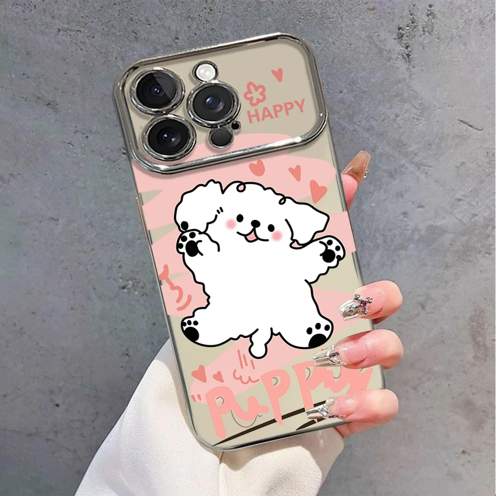 Line Puppy Happy Creative Cartoon Cute Electric Ferry Large Window Phone Case For IPhone 12 11 13 14 15 16 Max Pro Plus Shell