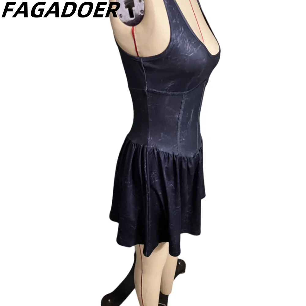 FAGADOER Fashion Distress Solid Color Splicing Pleated Dresses Women Low-cut Sleeveless Slim Vestidos Summer New Puff Mini Dress