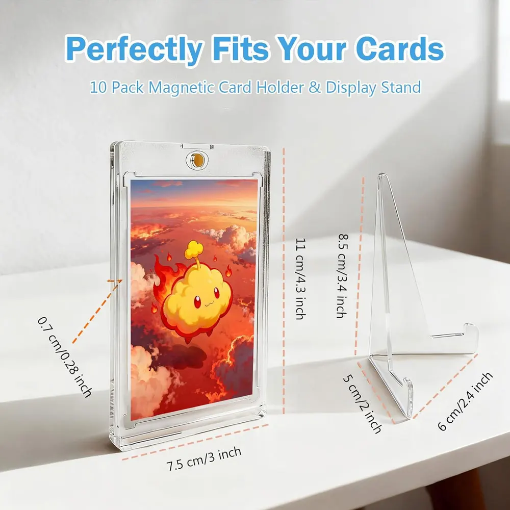 10-pack magnetic card holders with display stand - 35PT, suitable for displaying trading cards, sports cards, and anime cards.
