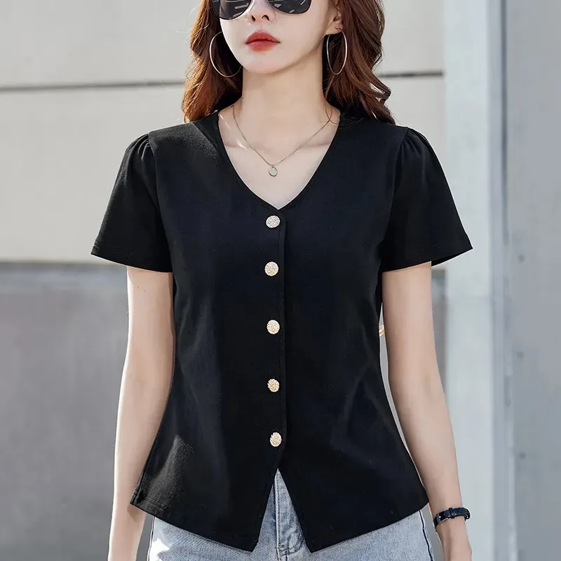 Women's Black V Neck Puff Sleeve Button Front T-Shirt Casual Slim Fit Split Hem Knit Top