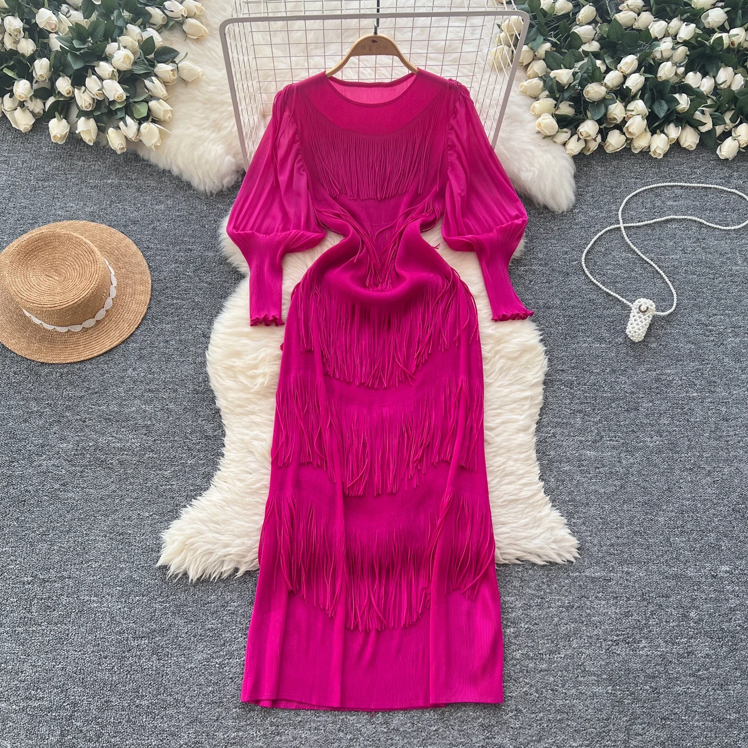 Vintage O-Neck Elegant Long Lantern Sleeve Chic Tassel Slim Long Dress French Fashion Evening High Street Autumn Winter Clothing