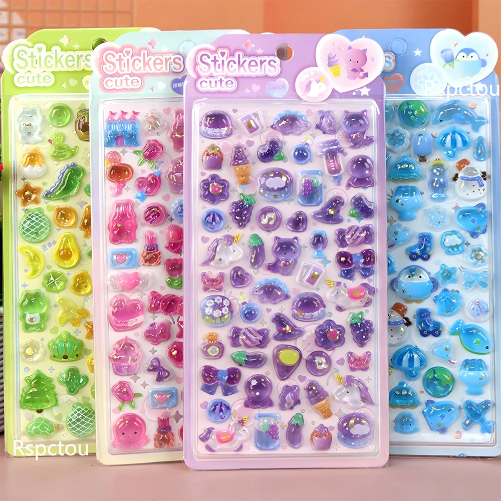 

Lovely Animals Cartoon 3D Relief Stickers Aesthetic Furit Ice Cream Crystal Decals Kawaii Stationery Decoration Sticker Toys