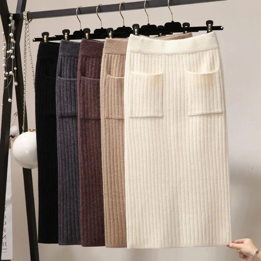 

Knitted Skirt Women Thick High Waist Elastic Sheath Pockets Pure Color Striped OL Mid Length Midi Skirt Winter Fall