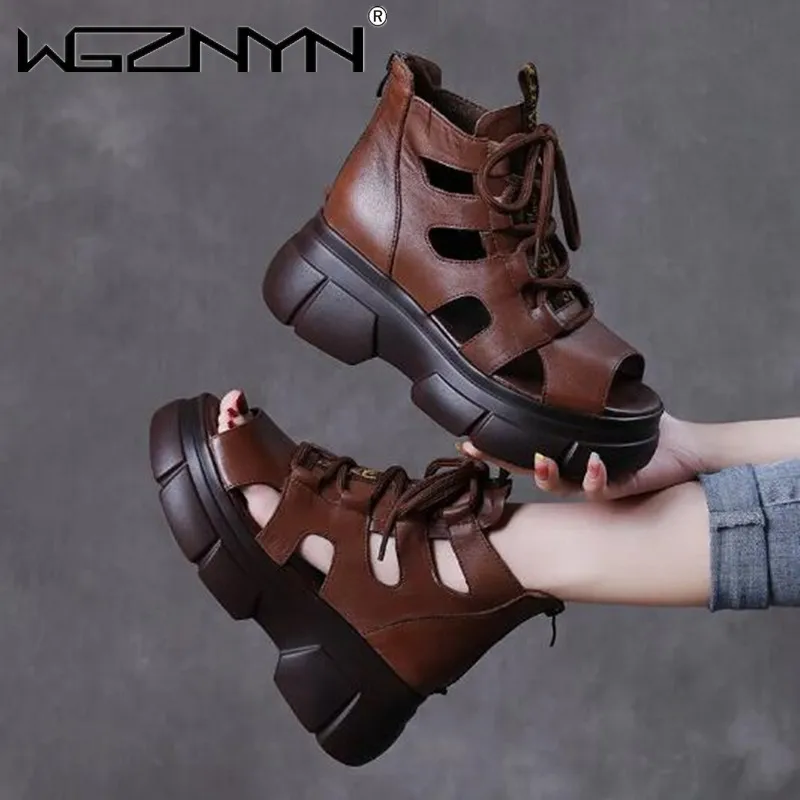 Summer Ladies Retro Sandals Platform High Top Luxury Design Fashion Laces Lace Up Boots Open Toe Soft Sneaker Outdoor Breathable