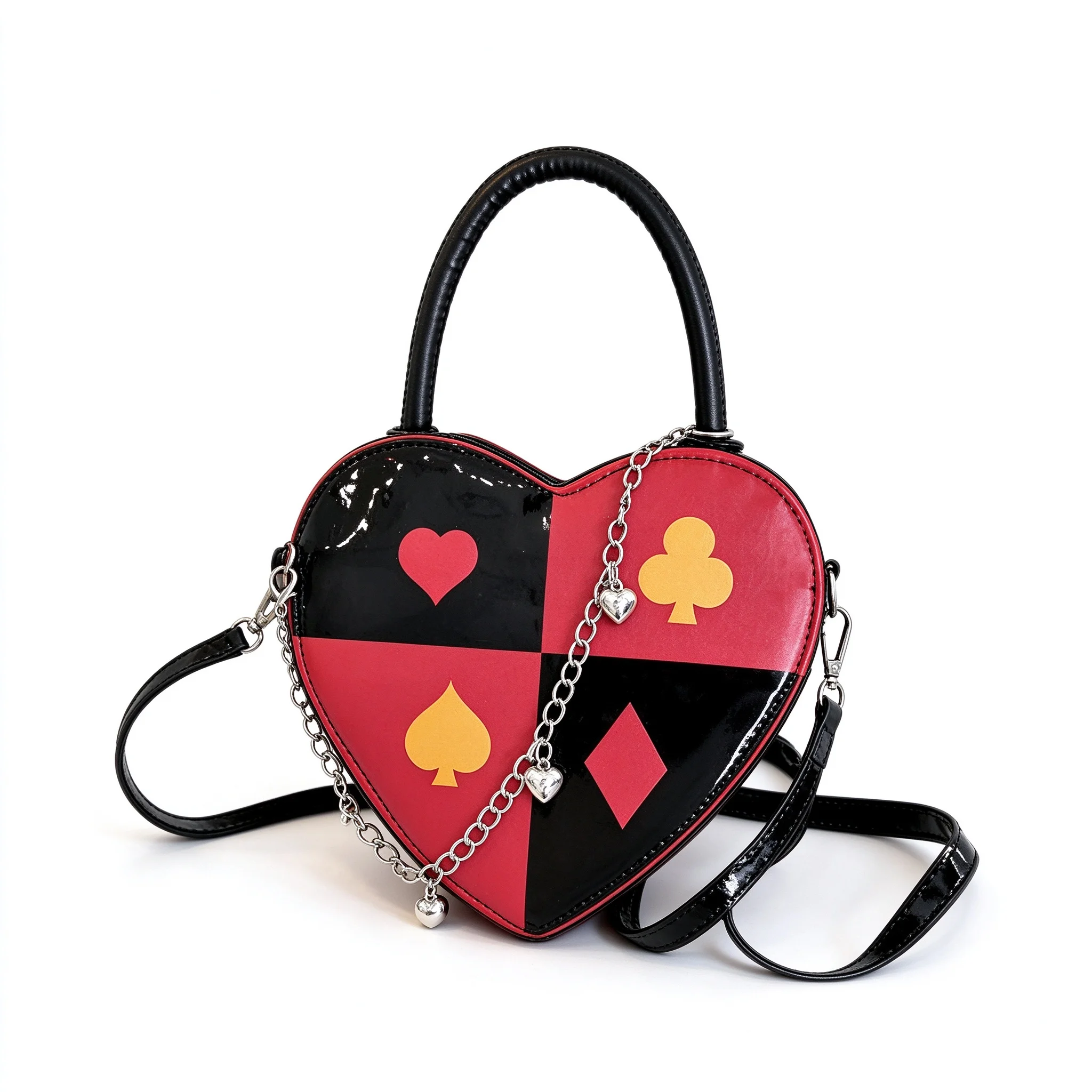 Red Black Yellow Playing Card Heart Shape PU Leather Handle Crossbody Shoulder Bag Handbag Phone Coin Purse  for Girls Women
