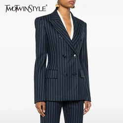 TWOTWINSTYLE Striped Temperament Blazers For Women Notched Collar Long Sleeve Tunic Patchwork Double Breasted Coats Female New