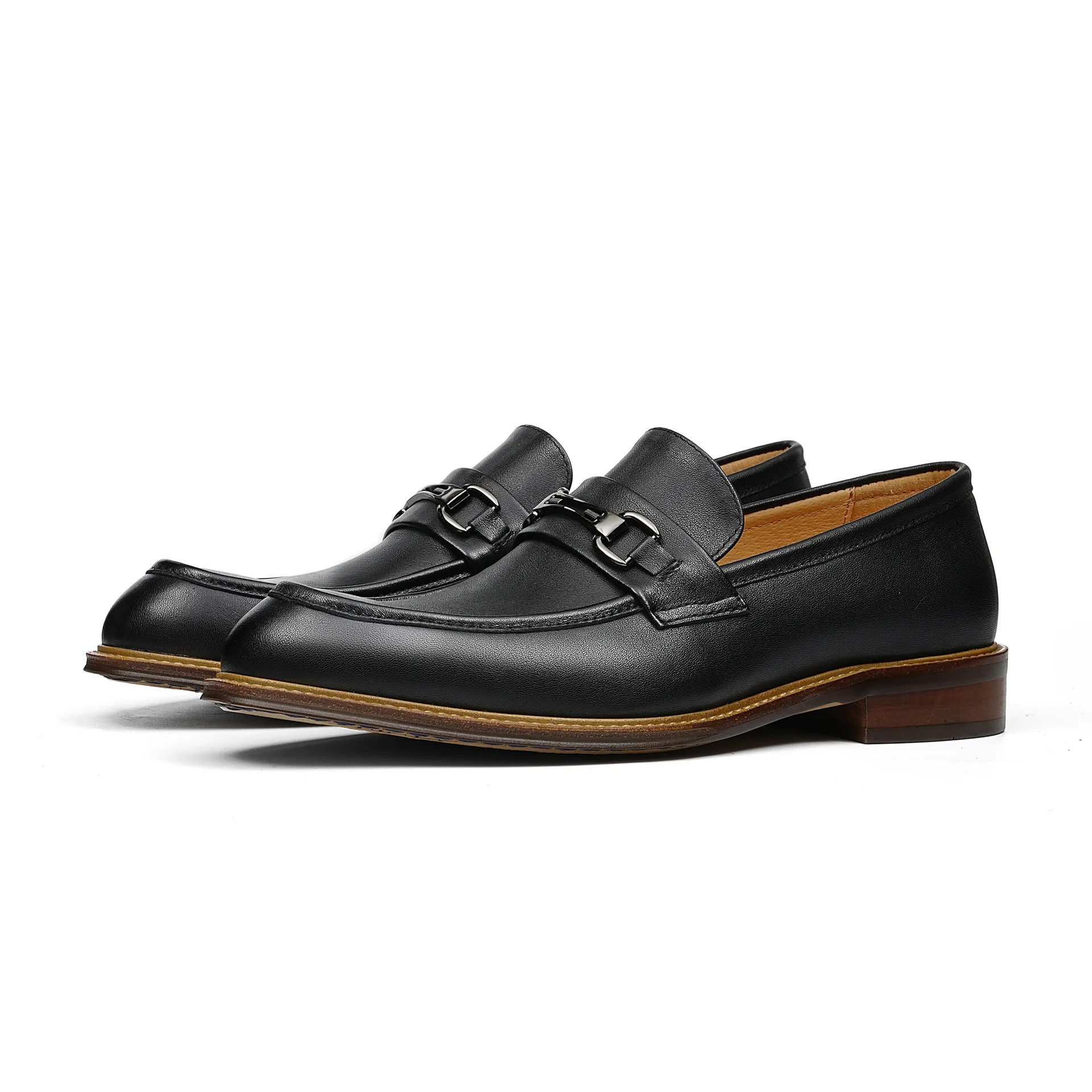 

Mens Black Genuine Leather Horsebit Loafers Slip On Welt Stitching Low Stacked Heel Elegant Formal Business Casual Shoe Footwear