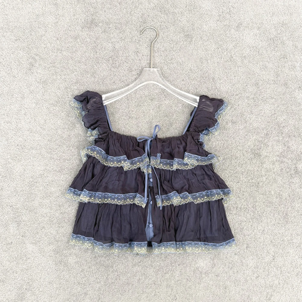 Women Ruffle Lace Tiered Cami Top Square Neck Tie Front Cap Sleeve Sheer Chiffon Vintage Fairy Cropped Blouse Summer Tank Top