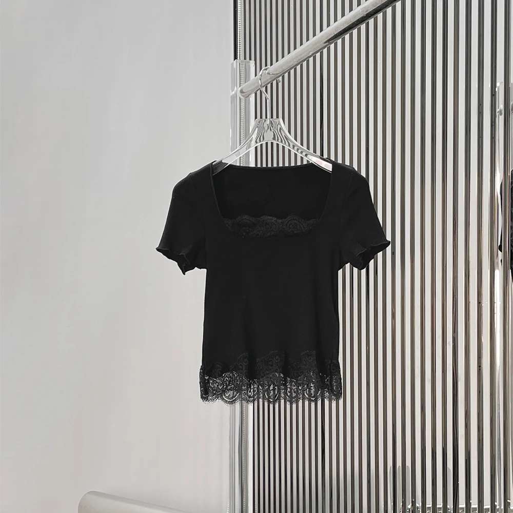 Cotton Blend Women T Shirt Square Neck Lace Trim Short Sleeve Slim Fit Elegant Crop Tops For Ladies New Spring/Summer 2026 Y2K