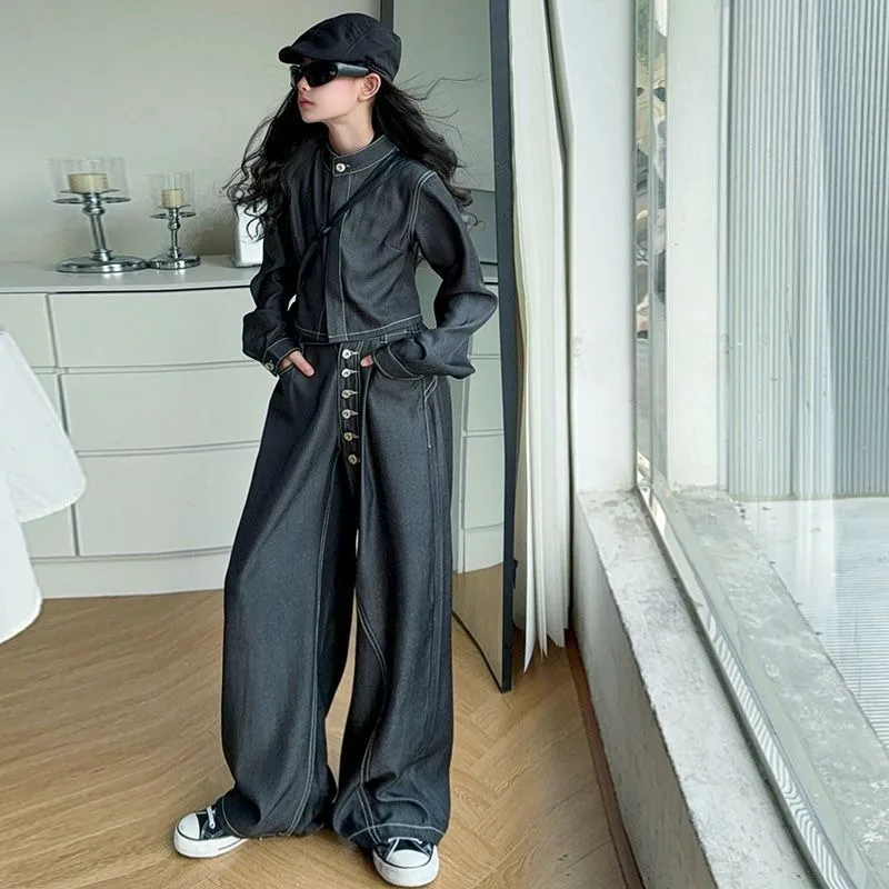 

Джинсовый комплект с длинными рукавами для девочек, новые весенне-осенние детские модные брюки основного цвета с несколькими пуговицами, комплект из двух предметов