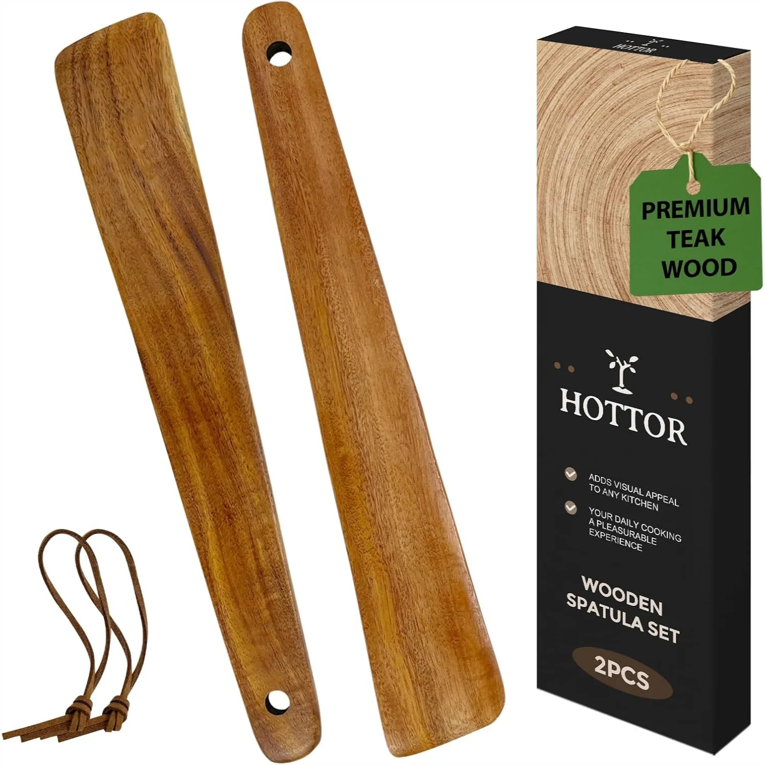 Teak Wood Spatula for Cooking, 12.2 Inch Flat Wooden Spatula for Cast Iron, Non-Stick Cookware - Set of 2