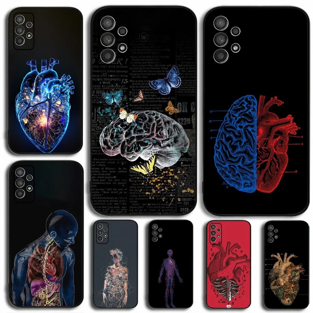 Heart Anatomy Skull Bones Phone Case For Samsung Galaxy A13,A21s,A22,A31,A32,A52,A53,A71,A80,A91 Soft Black Cover