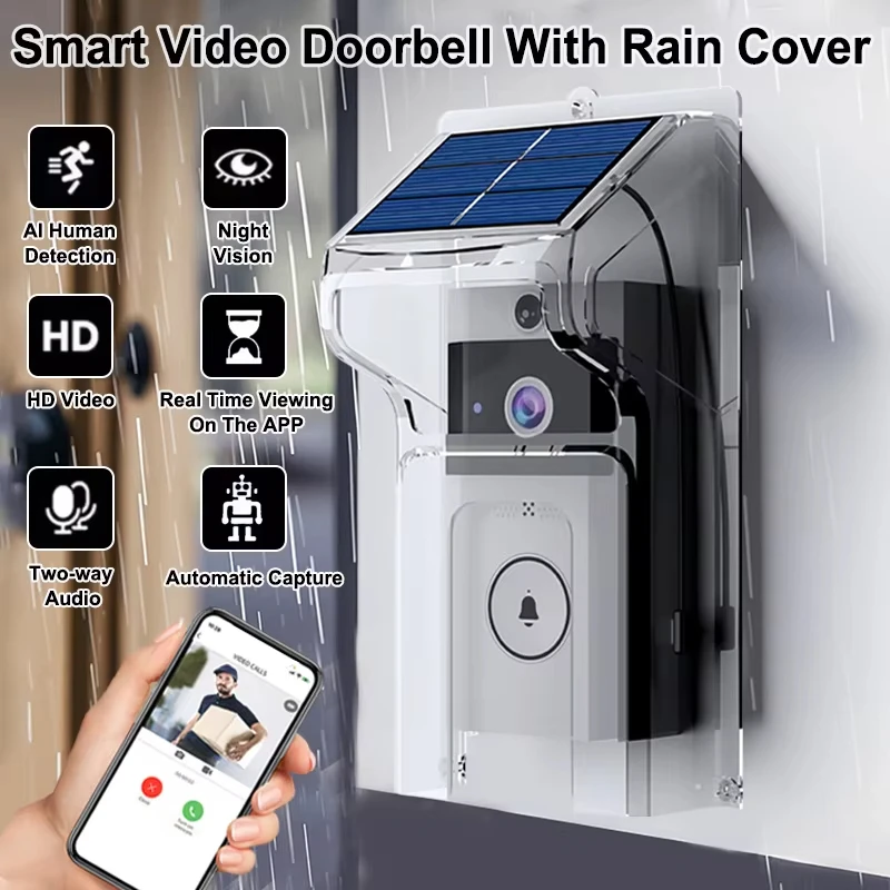 Wireless Video Doorbell Solar Cover Camera WiFi Smart Peephole Intercom Waterproof Outdoor with Solar Charging for Home