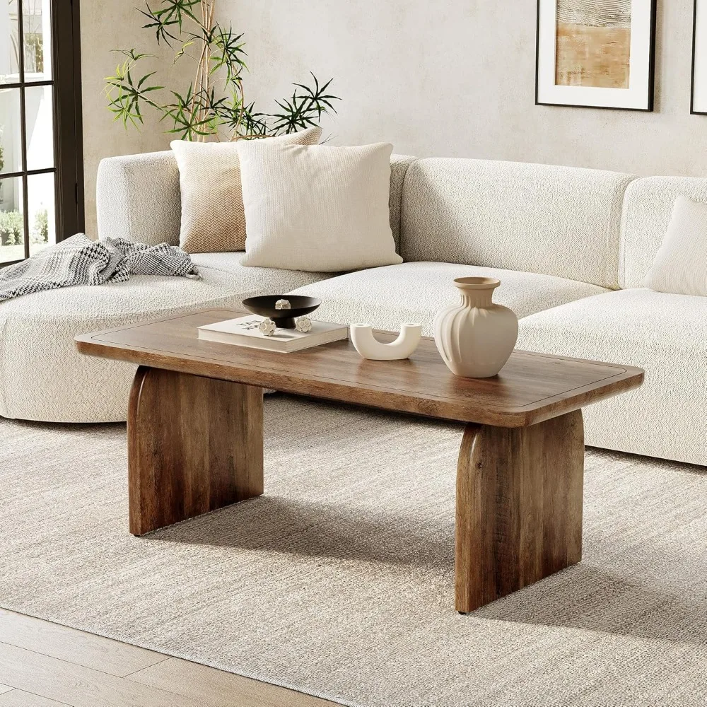 Farmhouse Coffee Table, 47 Inches Wooden Center Tables with Rounded Corners, Rectangular Living Room Tables, Modern Low Cocktai