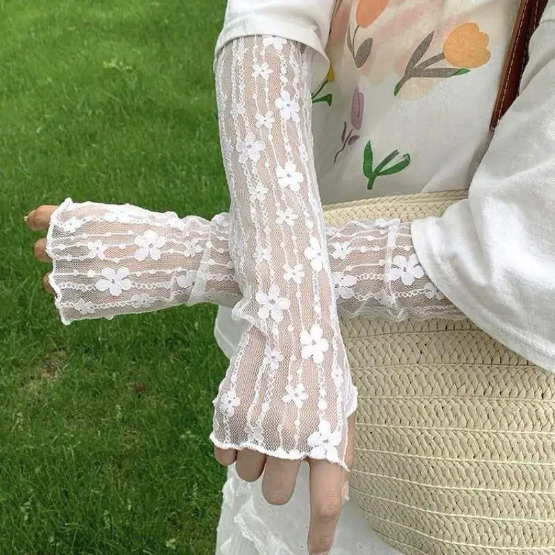 2025 ฤดูร้อนลูกไม้ดอกไม้ยาว Fingerless ถุงมือผู้หญิงแขนป้องกันดวงอาทิตย์ถุงมือแขนครีมกันแดด Uv Breathable Mittens