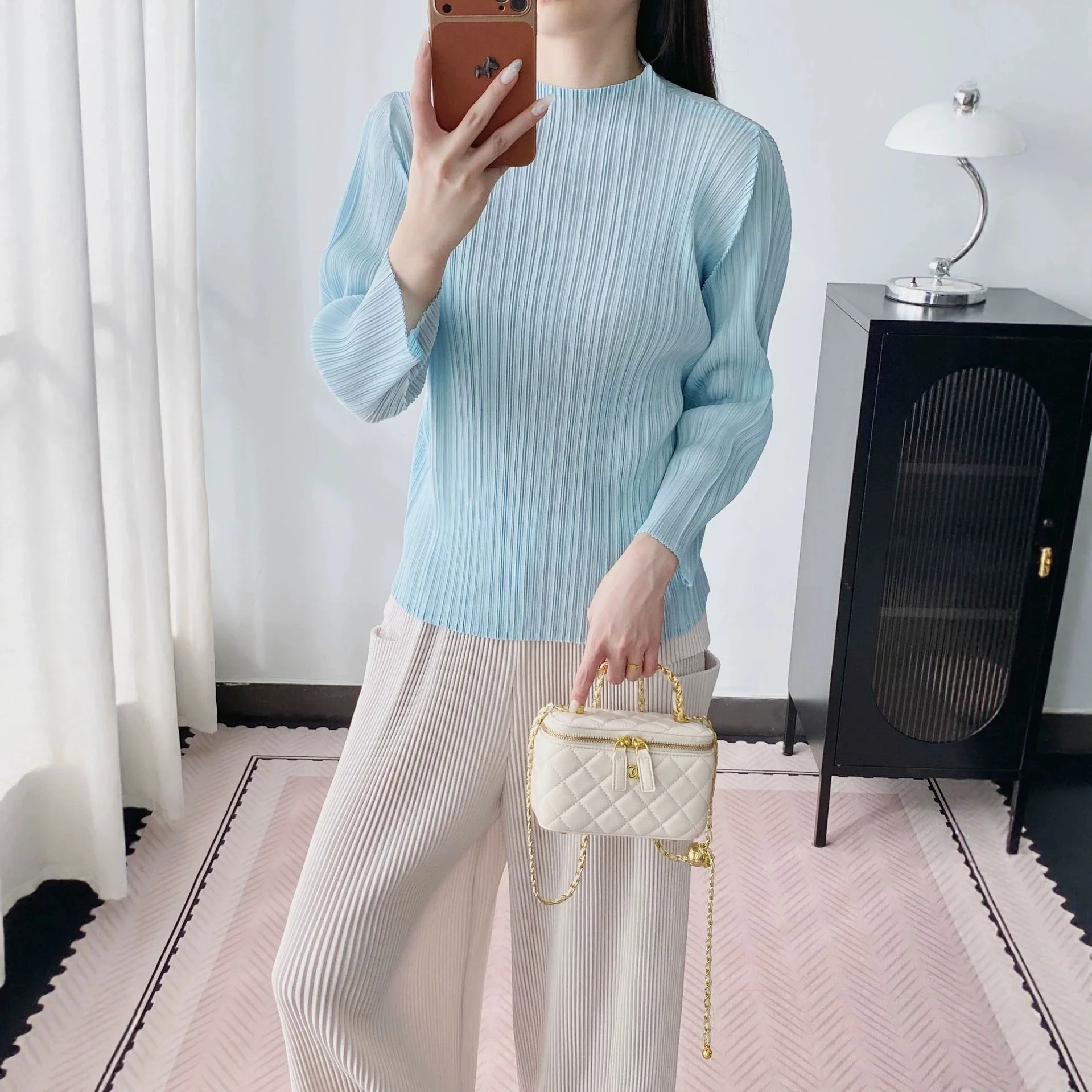 Miyake‑Inspired Pleated Blouse Women Mock Neck Batwing Long Sleeve Loose Curved Hem Wrinkle‑Resistant Casual Pullover Top