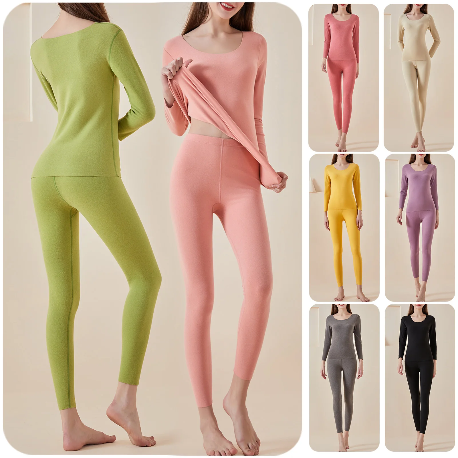 النساء ملابس اخلية حرارية مجموعة الصوف سلس Bodycon الدافئة بلون س الرقبة طويلة الأكمام الملابس الداخلية M L XL 2XL حجم 155-175 سم